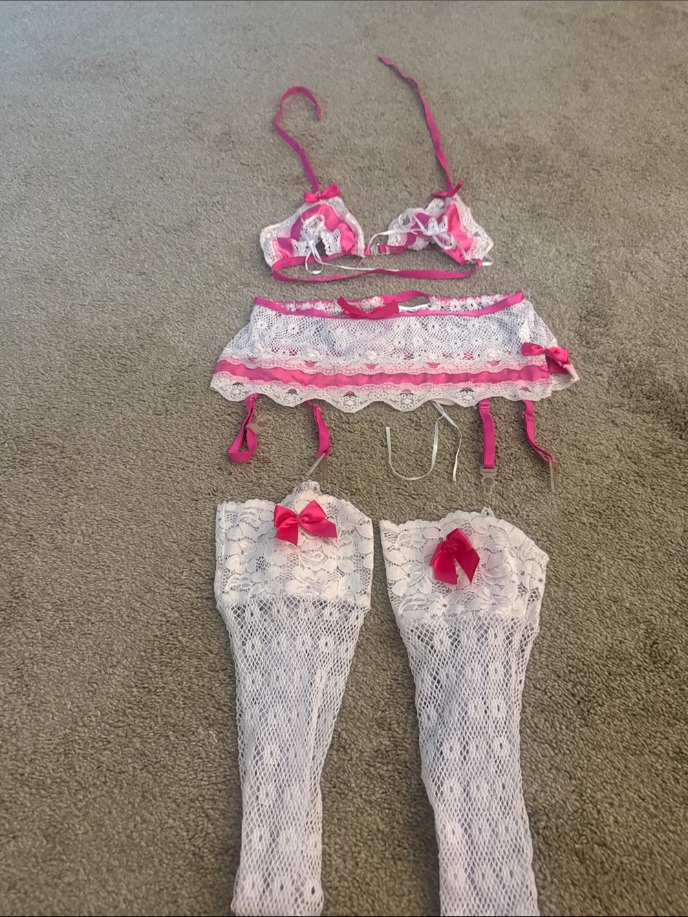 White Lace Lingerie Set with Hot Pink Accents
